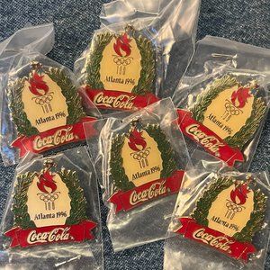 Coca Cola 6 Pin Lot ~ Christmas Wreath ~ Stocking Stuffers ~ 1996 Olympic ~ Coke